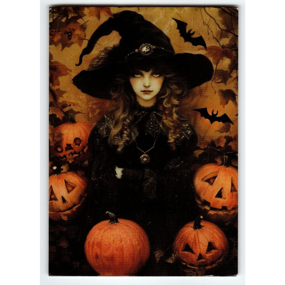 Vintage Halloween Witch & Jack-O'-Lanterns Photochrome Postcard 5.5x4in